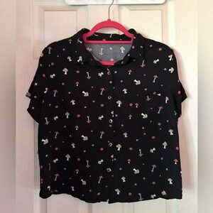 Black Button-Up Shirt with Mushroom Print